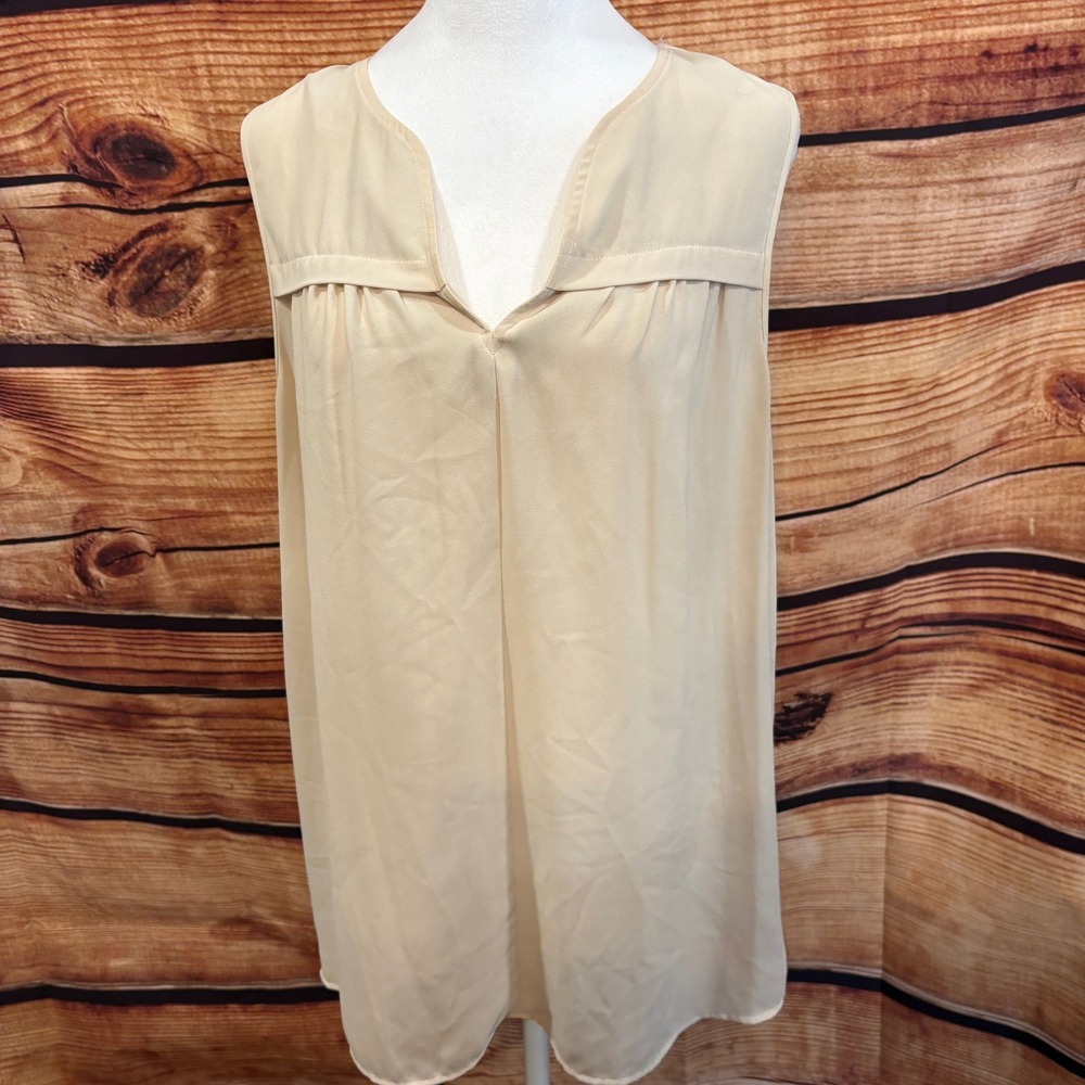 Pleione Womens Tan V Neck‎ Sheer Sleeveless Versatile Boho Style Blouse Size L